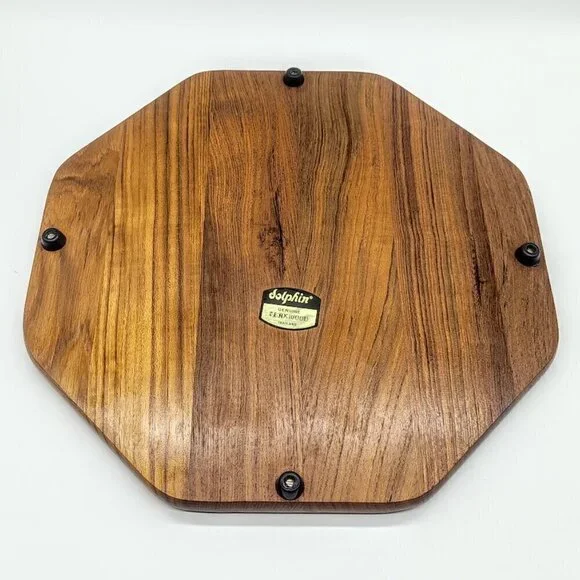 Vintage Dolphin Teakwood Cloche Blue White Center Tile Cheese Board - Picture 5 of 8